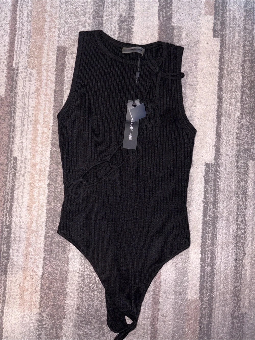 Black Ribbed Tie-Detail One-Piece Bodysuit - Picture 1 of 1